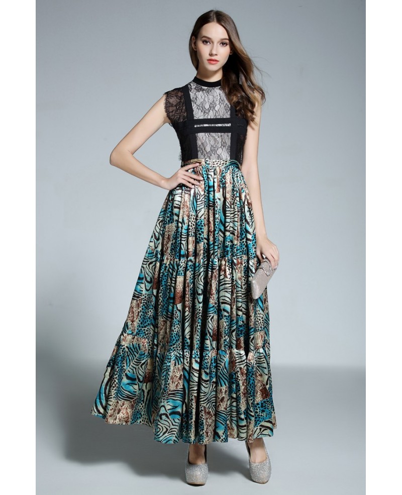A-line High Neck Floral Print Floor-length Evening Dress With Lace
