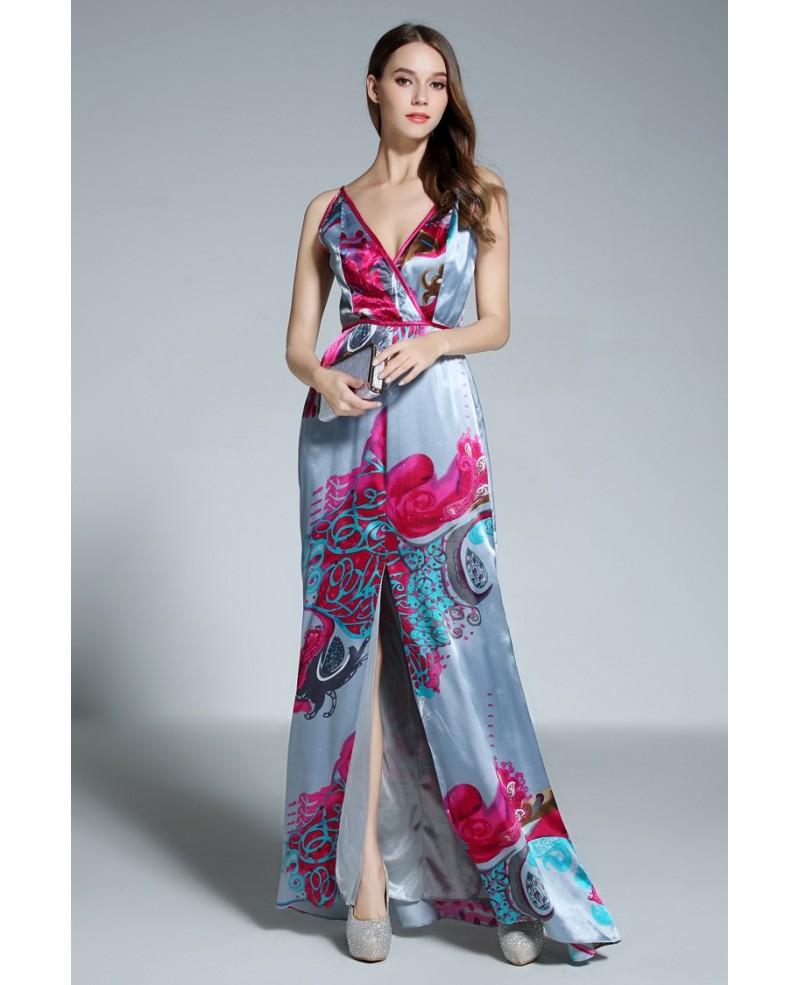 A-line V-neck Floral Print Floor-length Evening Dress With Split - Click Image to Close