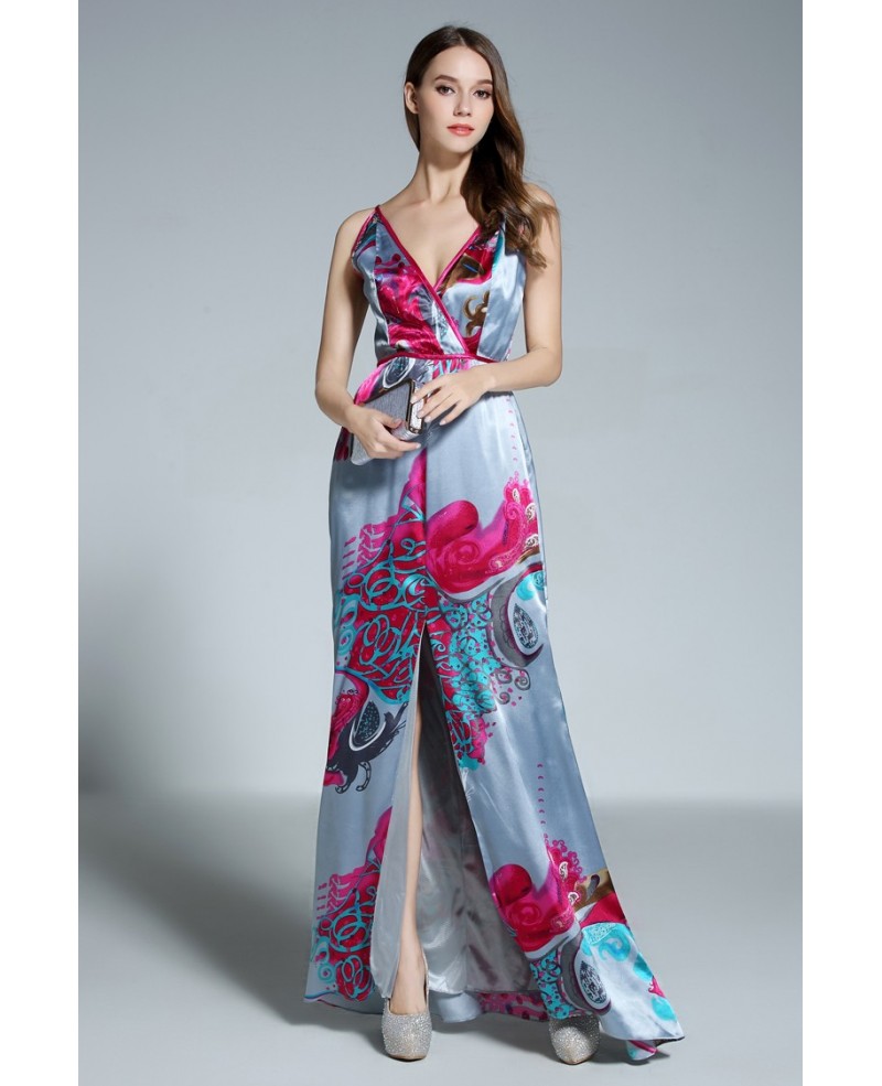 A-line V-neck Floral Print Floor-length Evening Dress With Split