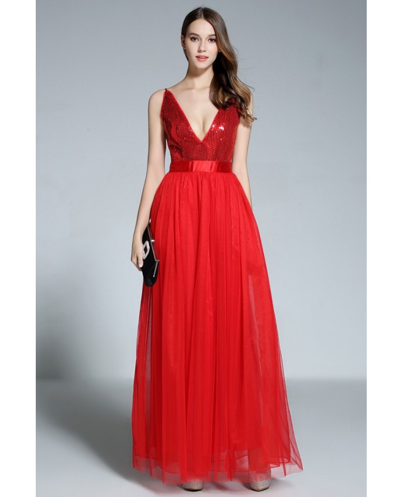 A-line V-neck Tulle Floor-length Red Evening Dress With Sequins - Click Image to Close