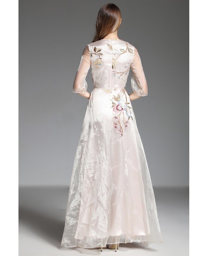 A-line High Neck Embroidery Organza Floor-length Evening Dress