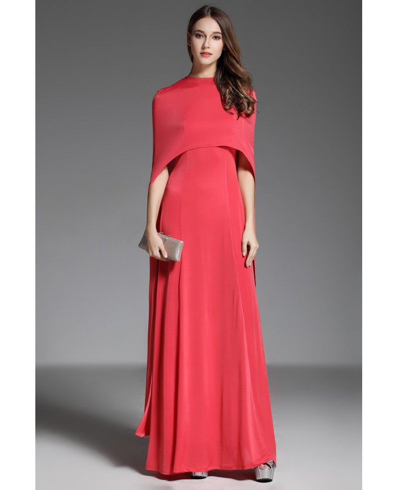 A-line V-neck Floor-length Red Evening Dress With Cape - Click Image to Close