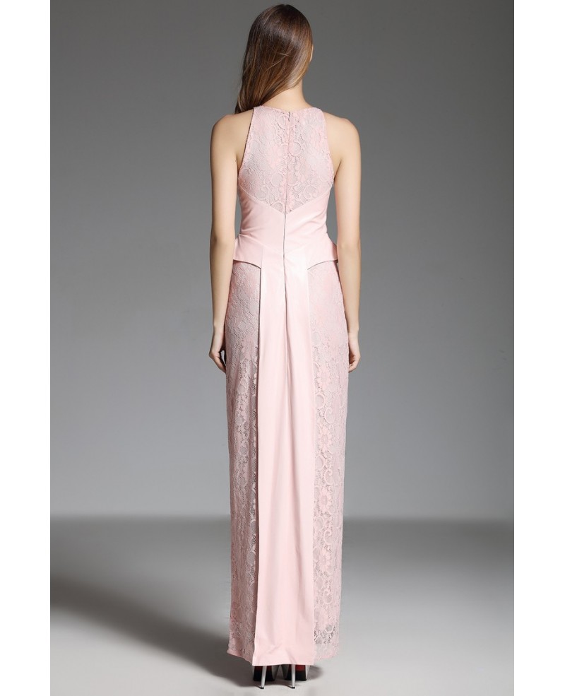 Sheath High Neck Pink Lace Floor-length Evening Dress