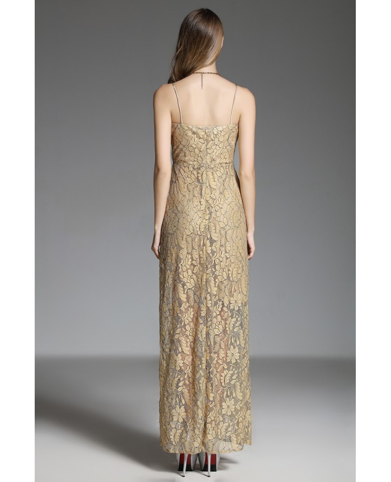 A-line V-neck Lace Floor-length Gold Evening Dress With Split - Click Image to Close