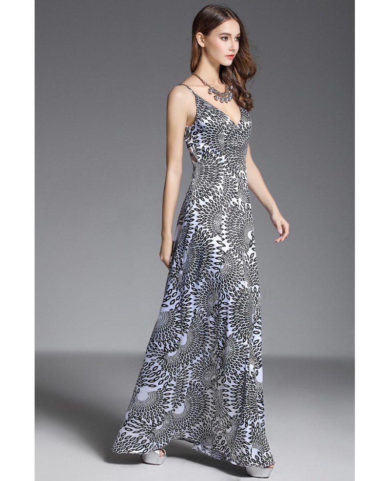 A-line V-neck Printed Floor-length Evening Dress