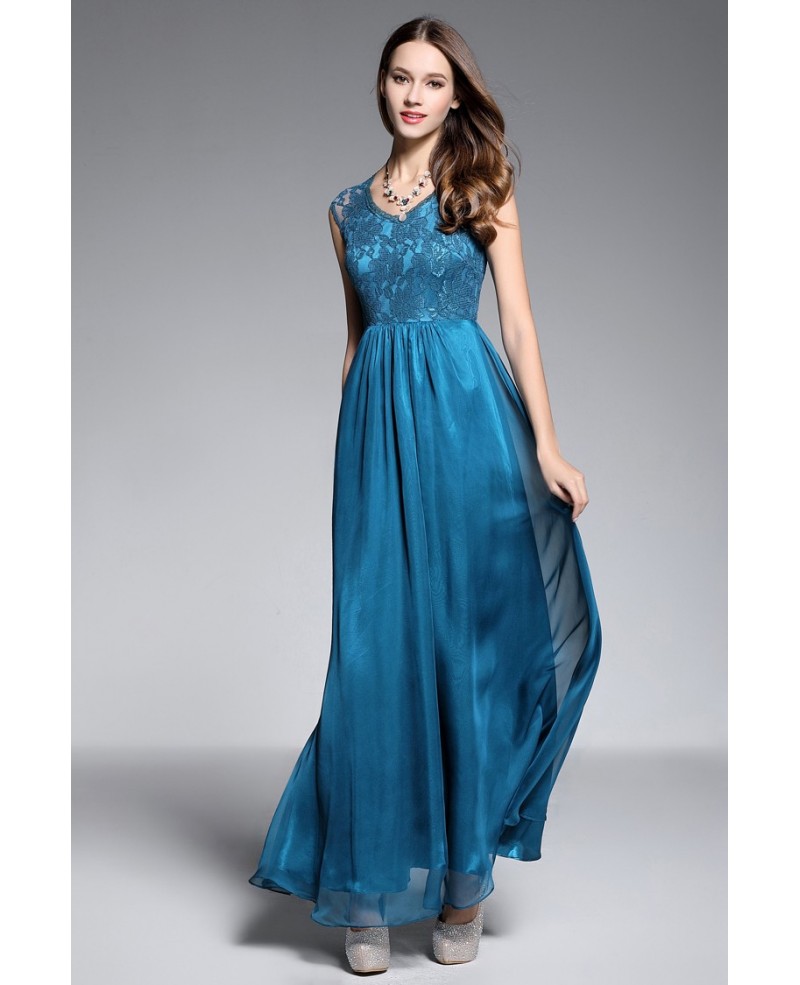 A-line V-neck Floor-length Evening Dress With Lace - Click Image to Close