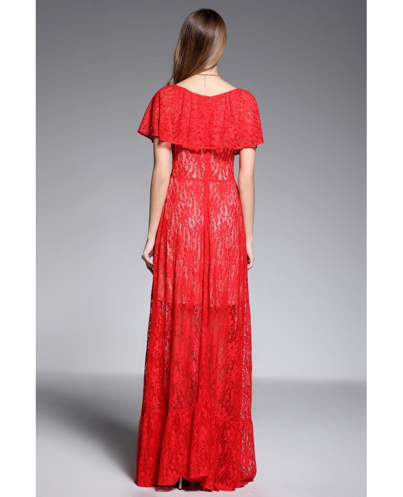 A-line Scoop Neck Floor-length Red Lace Evening Dress