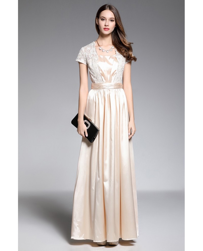 A-line V-neck Floor-length Champagne Evening Dress With Lace - Click Image to Close
