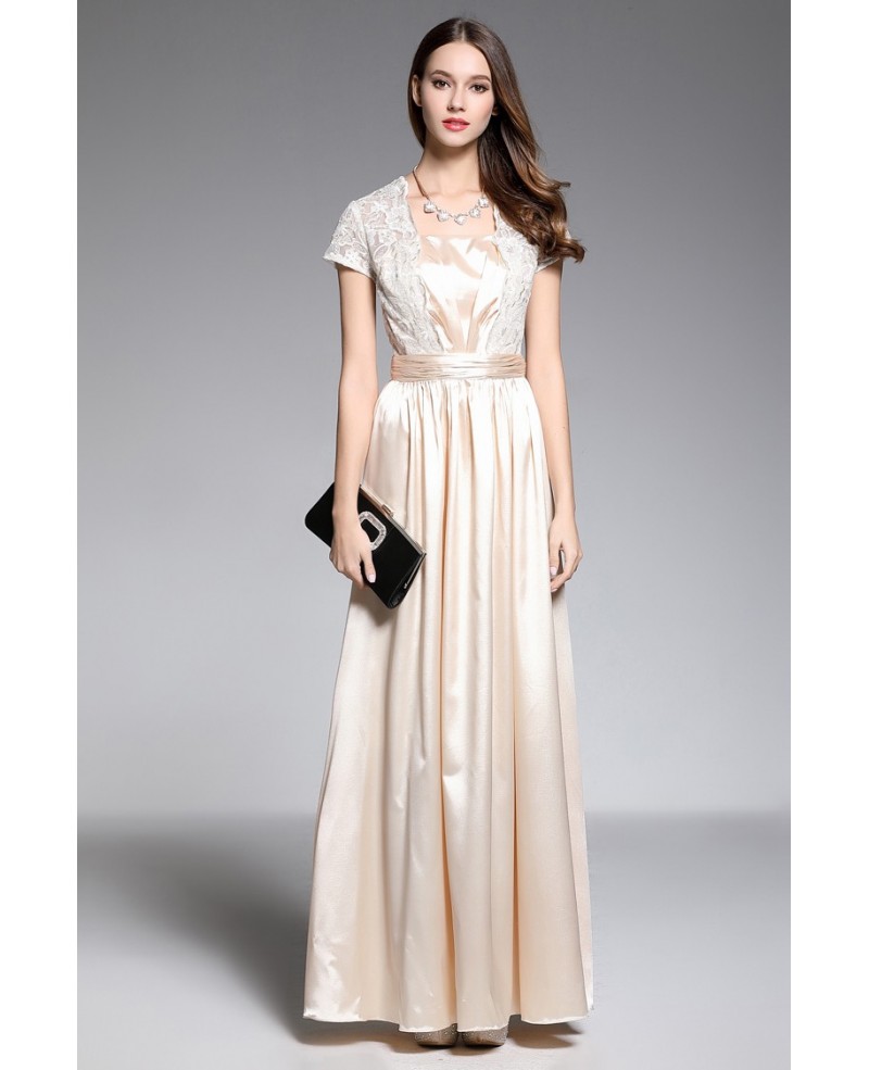 A-line V-neck Floor-length Champagne Evening Dress With Lace