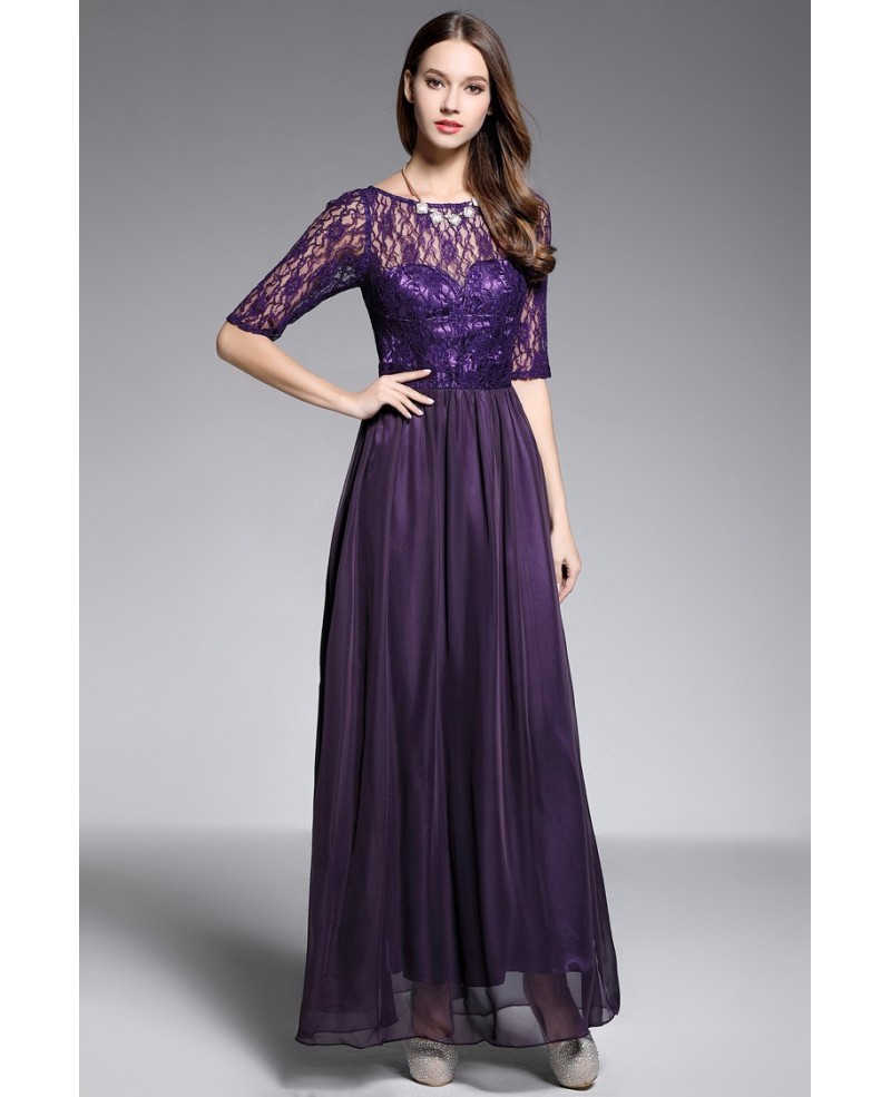 A-line Scoop Neck Floor-length Purple Evening Dress With Lace