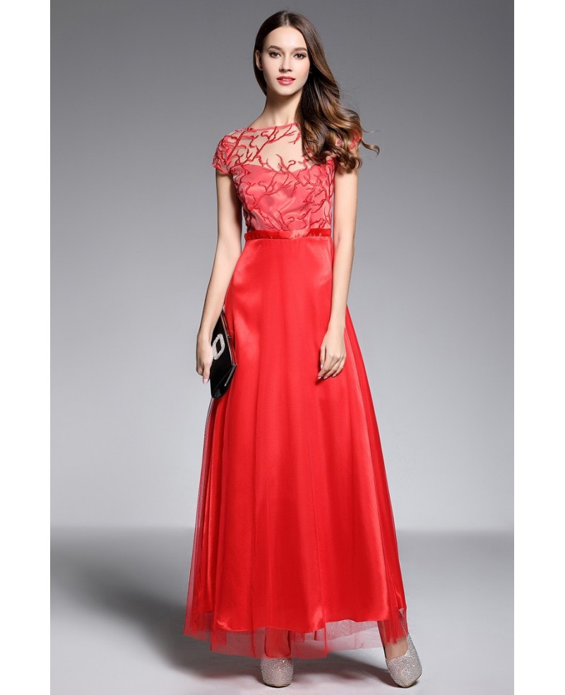 A-line Scoop Neck Floor-length Red Evening Dress With Embroidery