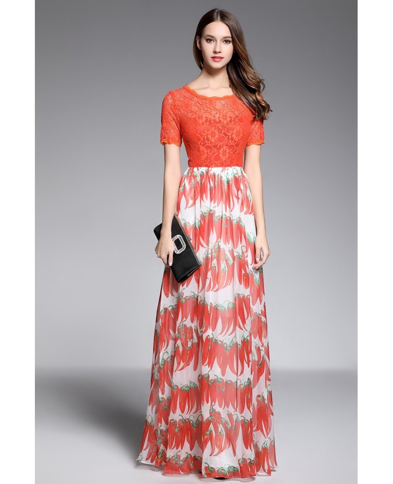 A-line Scoop Neck Floor-length Red Printed Evening Dress With Lace