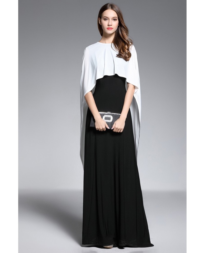 A-line V-neck Floor-length Black and White Evening Dress With Cape