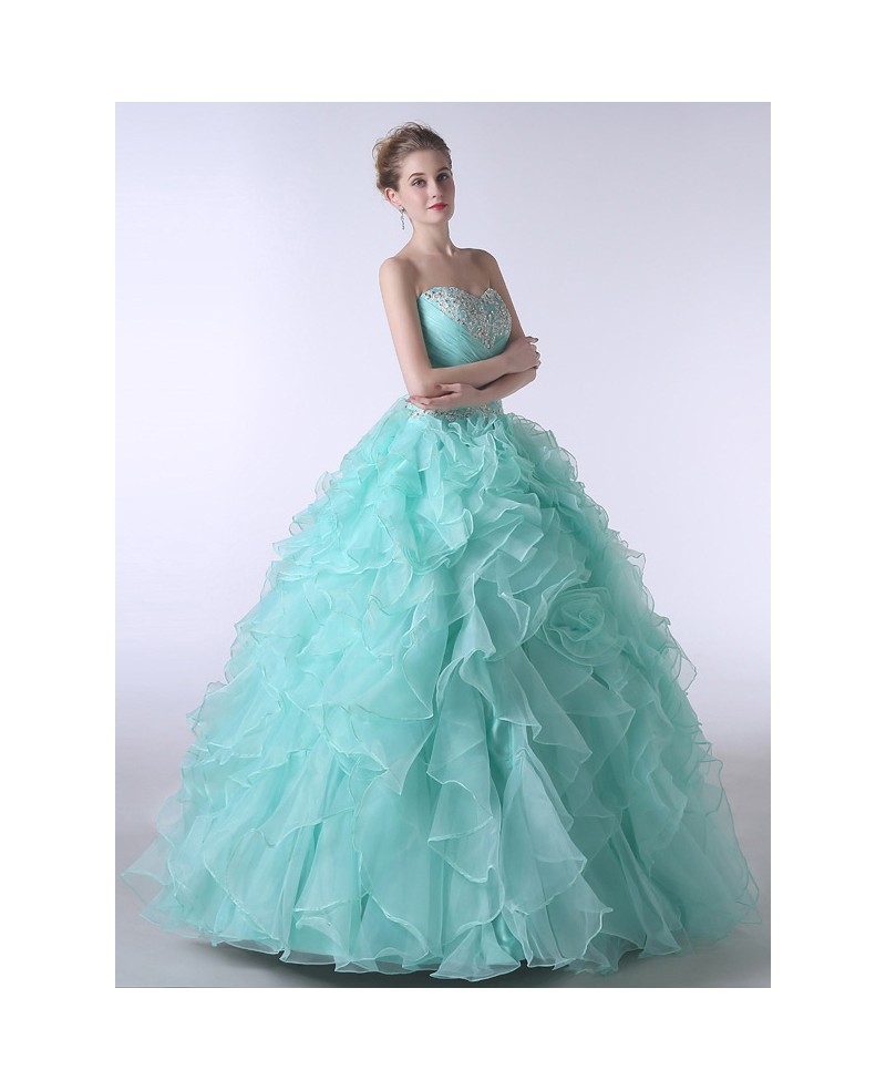 Ball-Gown Sweetheart Sweep Train Tulle Prom Dress With Cascading Ruffles Beading - Click Image to Close