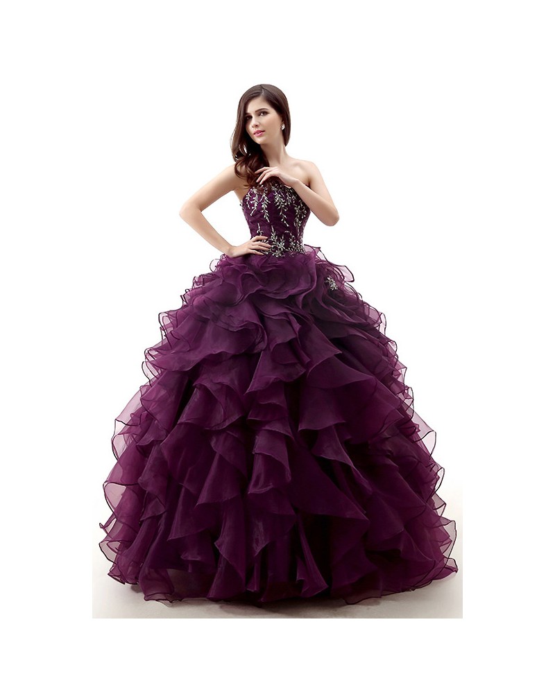 Ball-Gown Sweetheart Sweep Train Tulle Prom Dress With Cascading Ruffles Beading