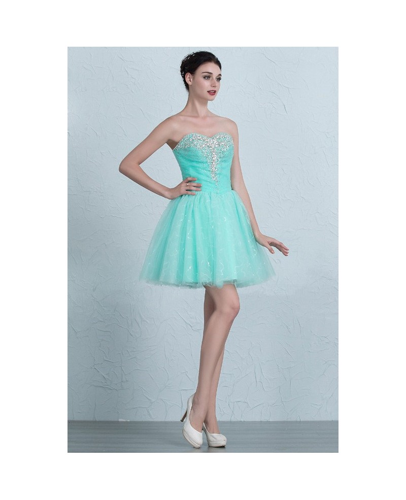 Pool Blue Beaded Sweetheart Mini Short Tulle Homecoming Prom Dress