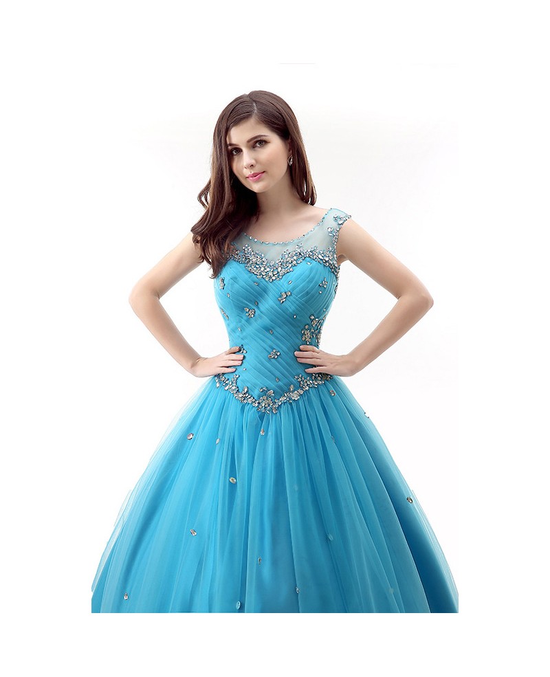 Ball-Gown Scoop Neck Sweep Train Tulle Prom Dress With Ruffles Beading