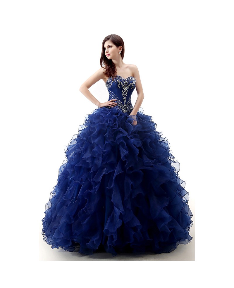 Ball-Gown Sweetheart Sweep Train Tulle Prom Dress With Cascading Ruffles Beading - Click Image to Close