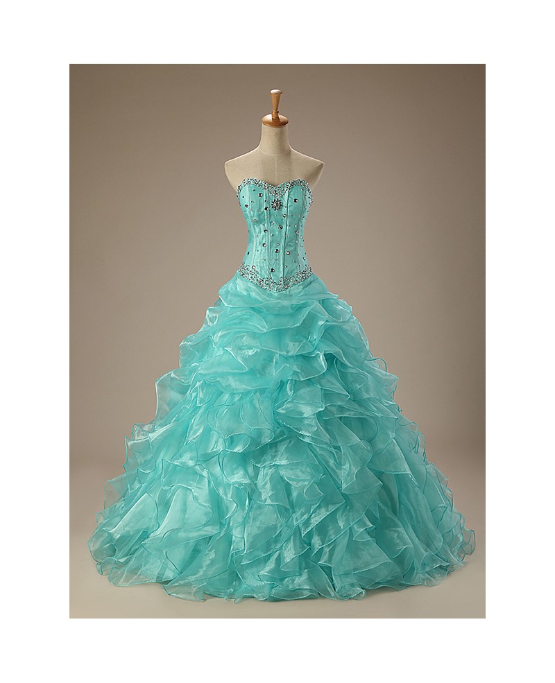 Ball-Gown Sweetheart Sweep Train Tulle Prom Dress With Cascading Ruffles Beading