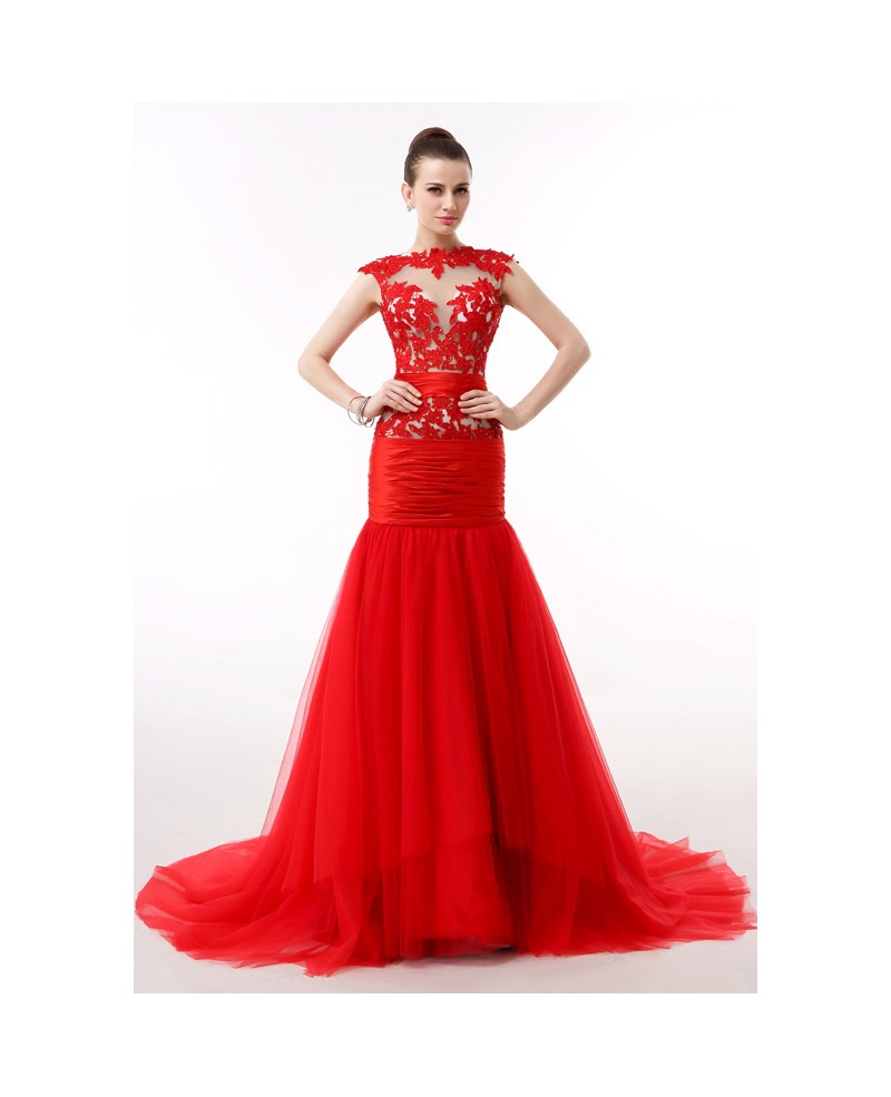 Mermaid Scoop Neck Court Train Tulle Prom Dress With Appliques Lace