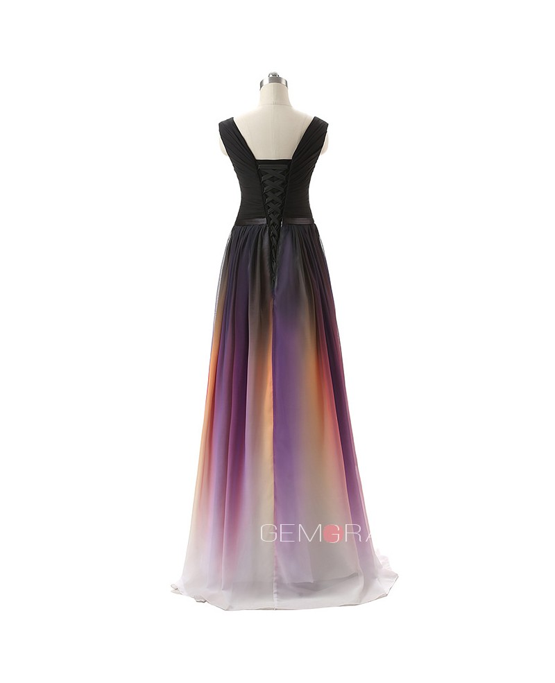 V-neck Long Chiffon Empire Ombre Color Prom Dress with Sash