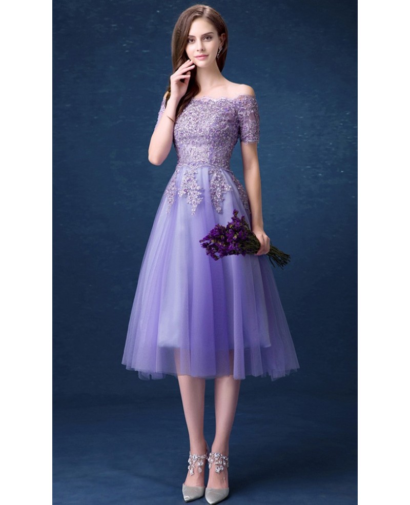 Romantic A-line Off-the-shoulder Tea-length Tulle Formal Dress With Beading - Click Image to Close