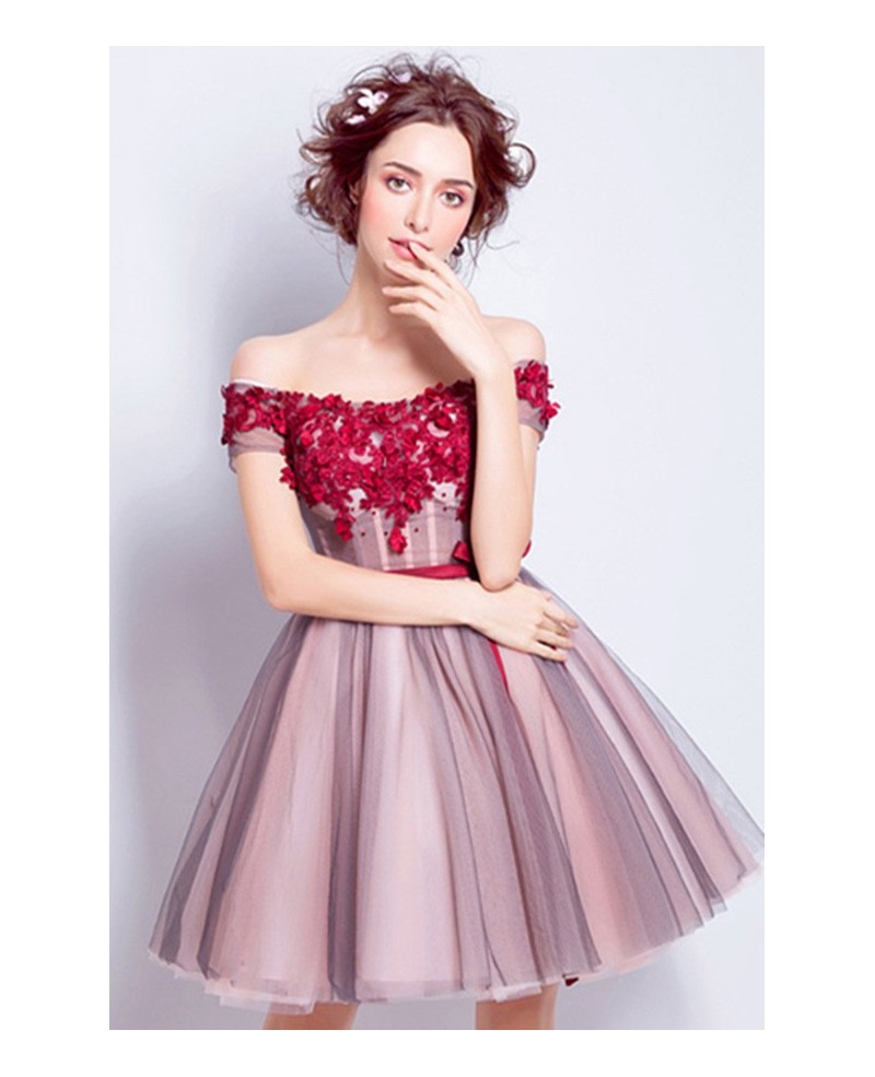 Lovely A-line Off-the-shoulder Short Tulle Formal Dress With Flowers