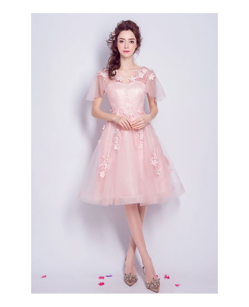 Pink A-line V-neck Knee-length Tulle Formal Dress With Flowers