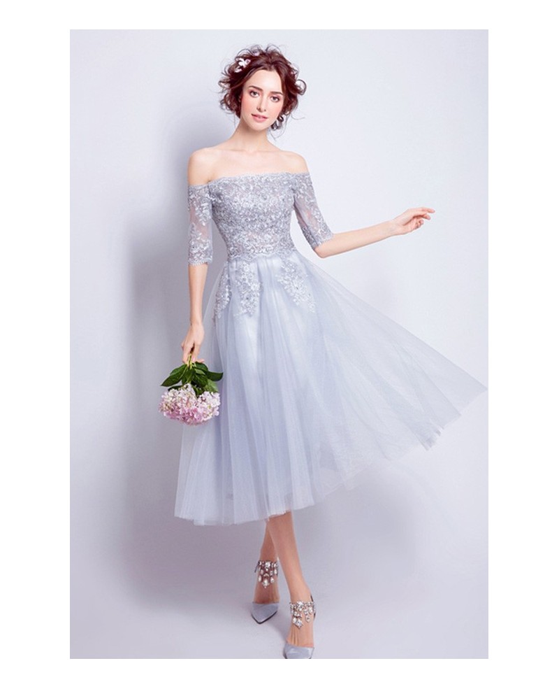 Romantic A-line Off-the-shoulder Tea-length Tulle Formal Dress With Lace
