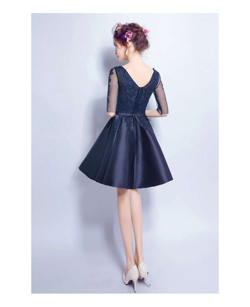 Navy A-line V-neck Short Satin Formal Dress With Appliques Lace - Click Image to Close