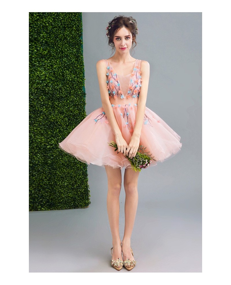 Peach Ball-gown Scoop Neck Short Organza Formal Dress With Flowers - Click Image to Close