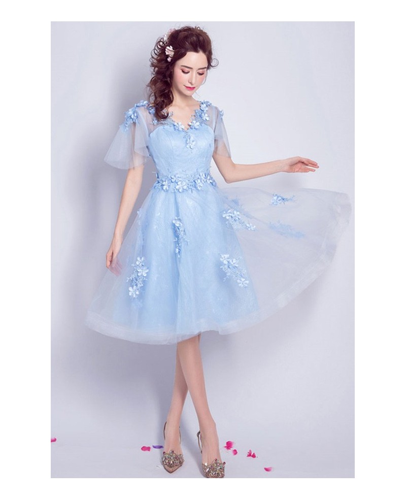 Blue A-line V-neck Knee-length Tulle Formal Dress With Flowers - Click Image to Close