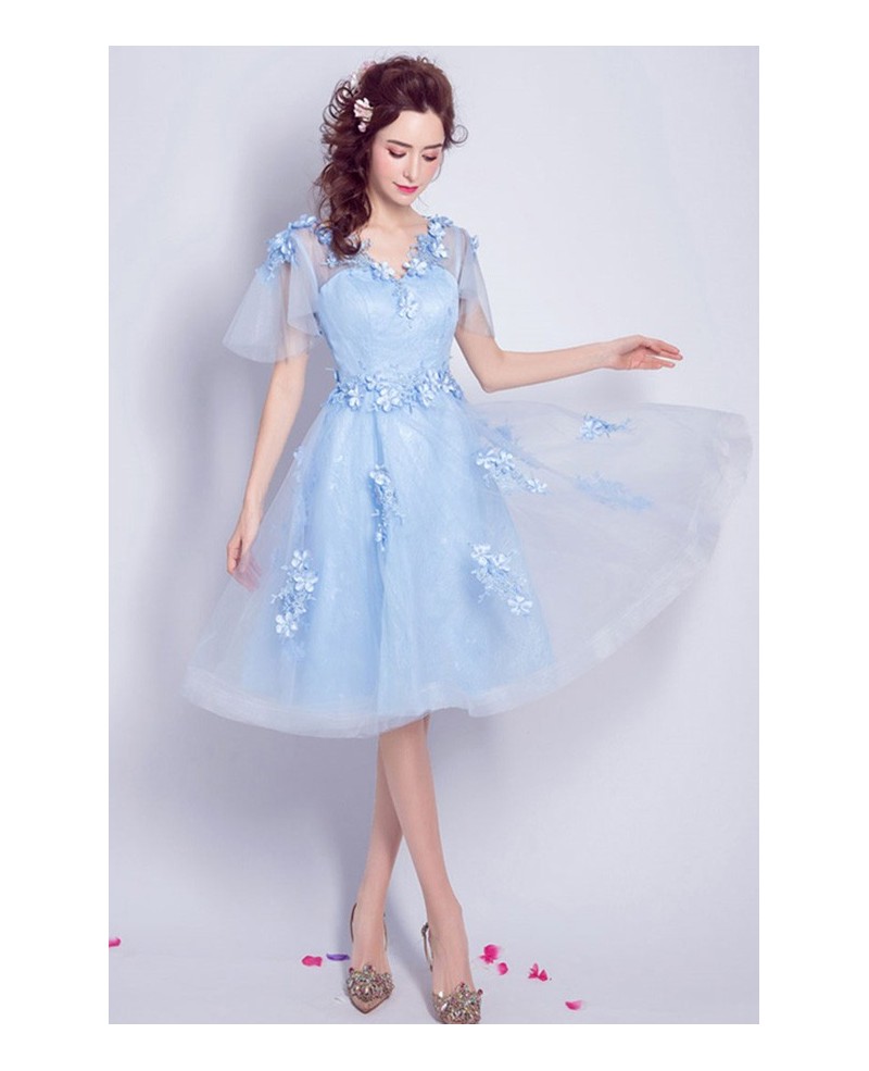 Blue A-line V-neck Knee-length Tulle Formal Dress With Flowers