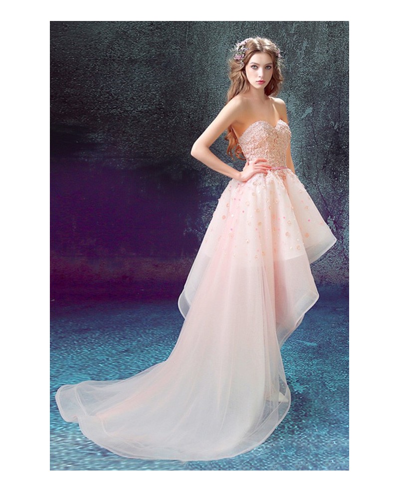 Pink Ball-gown Sweetheart High Low Prom Dress With Flowers