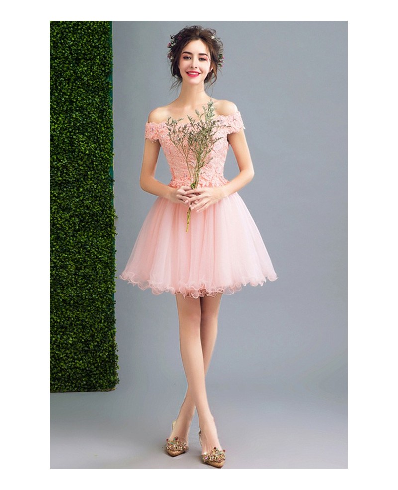 Pink A-line Off-the-shoulder Short Tulle Formal Dress With Appliques Lace - Click Image to Close