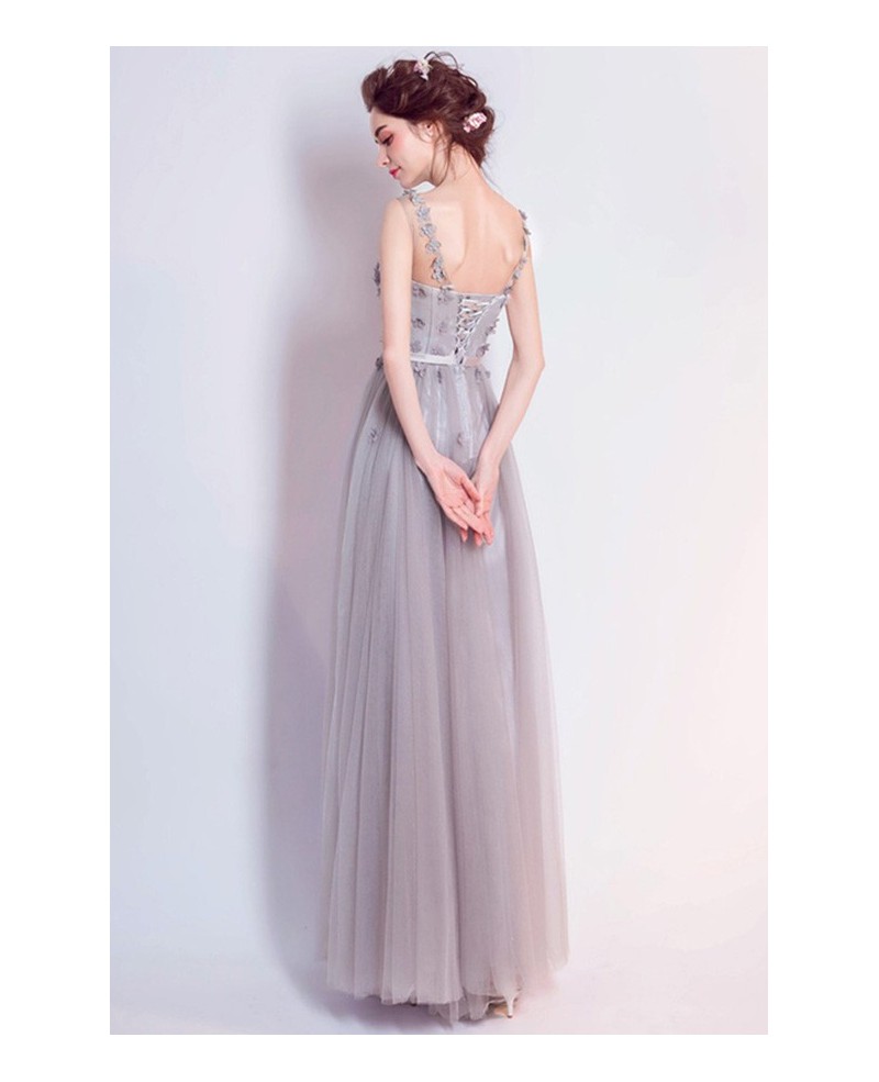 Grey A-line Scoop Neck Floor-length Tulle Formal Dress With Flowers - Click Image to Close