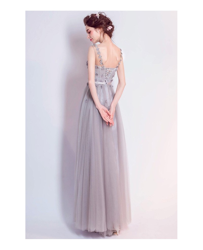 Grey A-line Scoop Neck Floor-length Tulle Formal Dress With Flowers