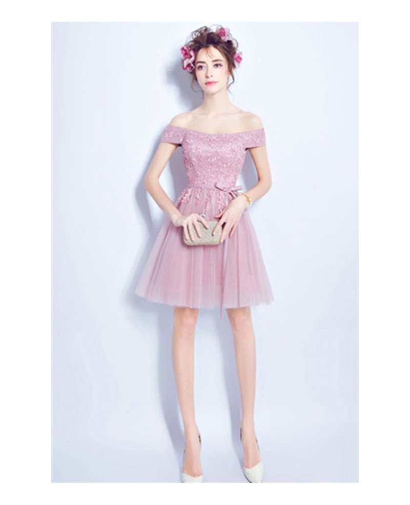 Cute A-line Off-the-shoulder Short Tulle Formal Dress With Appliques Lace - Click Image to Close
