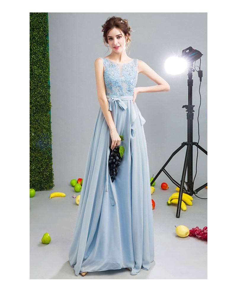 Blue A-line Scoop Neck Floor-length Chiffon Formal Dress With Appliques Lace - Click Image to Close