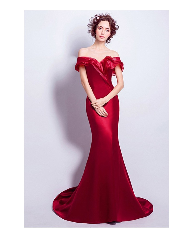 Wine Red Mermaid Off-the-shoulder Sweep Train Satin Evening Dress