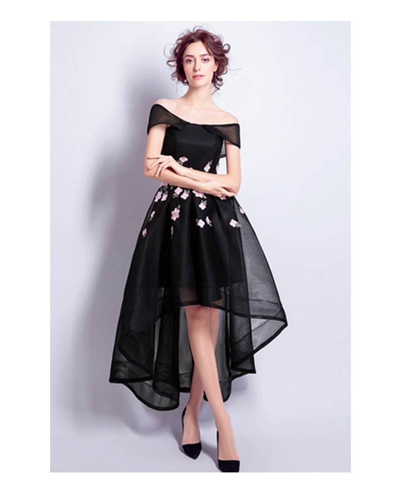 Black A-line Off-the-shoulder High Low Tulle Formal Dress With Embroidery - Click Image to Close
