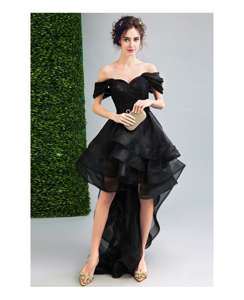 Black Ball-gown Off-the-shoulder High Low Organza Formal Dress With Lace