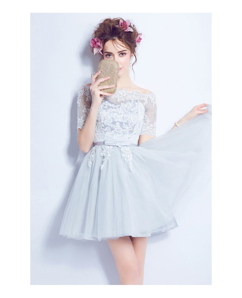 Blue A-line Off-the-shoulder Short Tulle Formal Dress With Appliques Lace - Click Image to Close