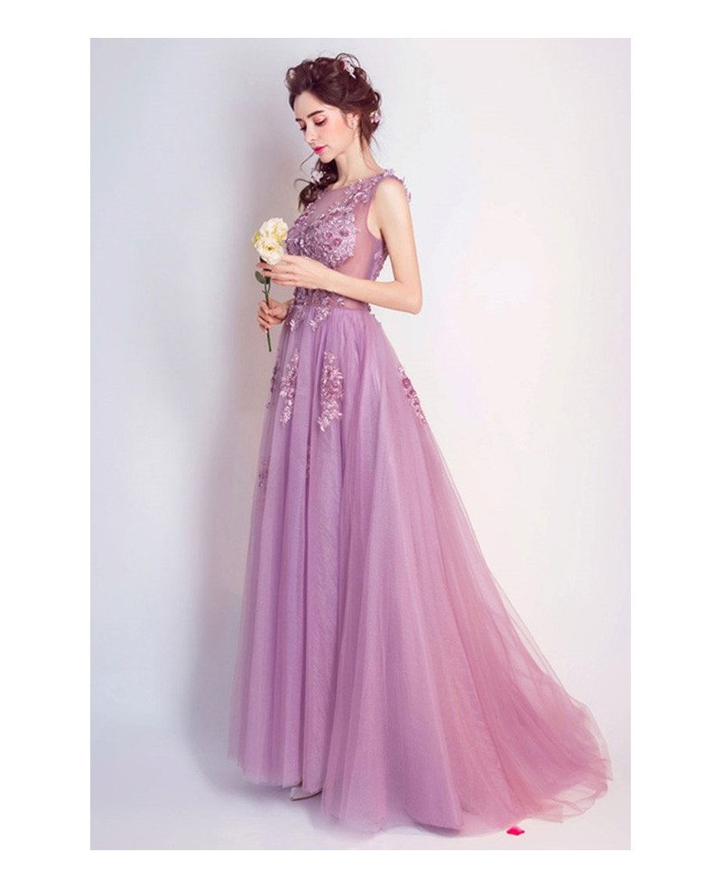 Purple A-line Scoop Neck Floor-length Tulle Formal Dress With Appliques Lace