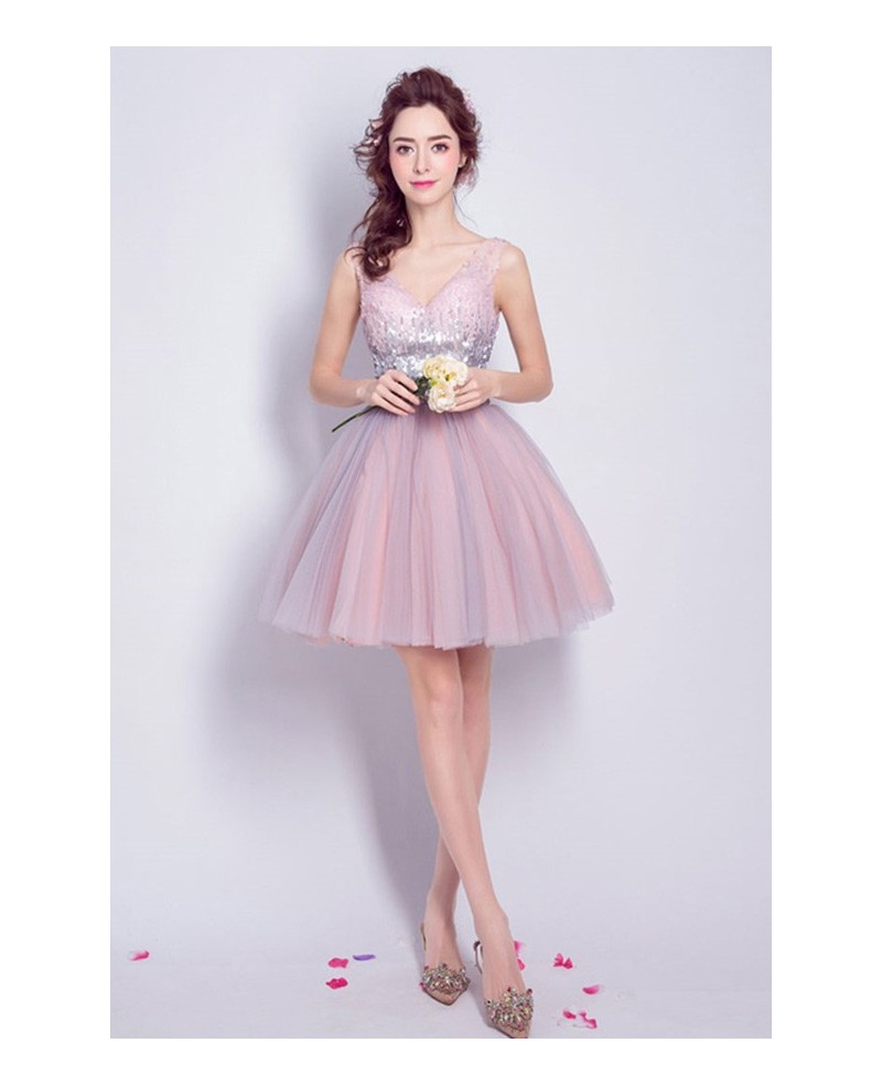 Blush Ball-gown V-neck Short Tulle Formal Dress With Sequins