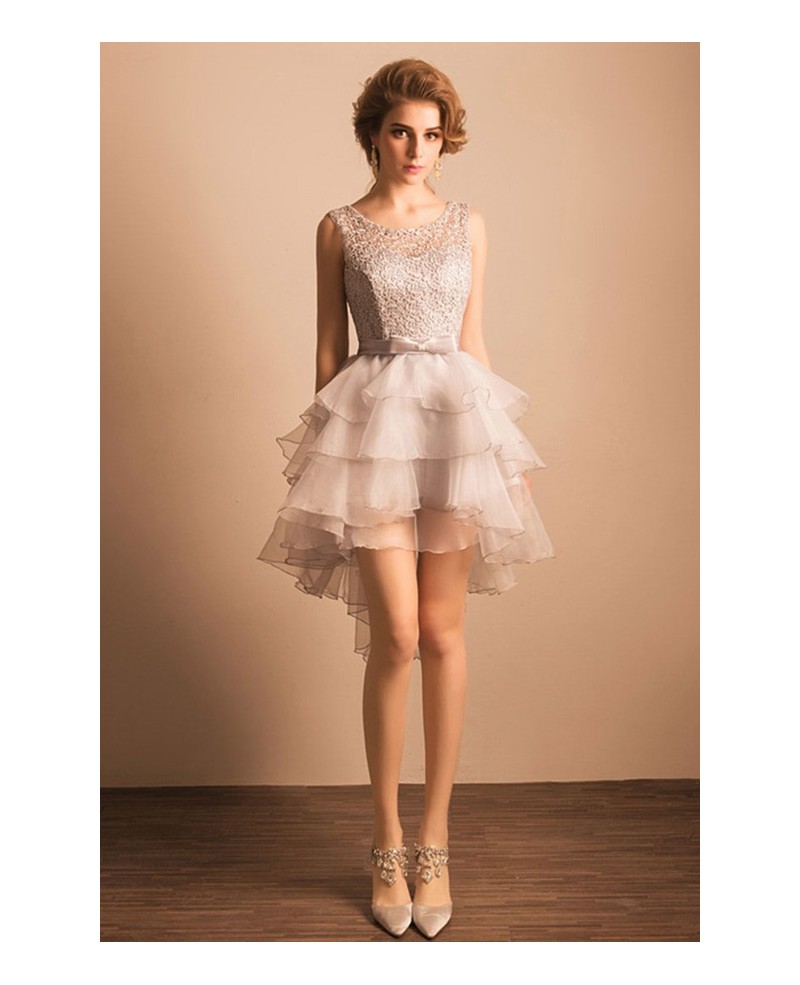 Grey A-line Scoop Neck High Low Tulle Formal Dress With Open Back