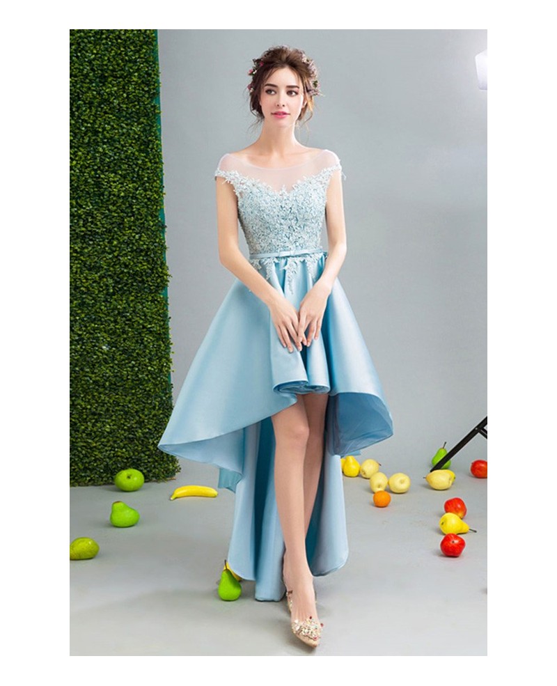Blue Ball-gown Scoop Neck High Low Satin Formal Dress With Appliques Lace
