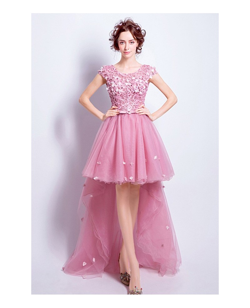 Pink A-line Scoop Neck High Low Tulle Prom Dress With Appliques Lace