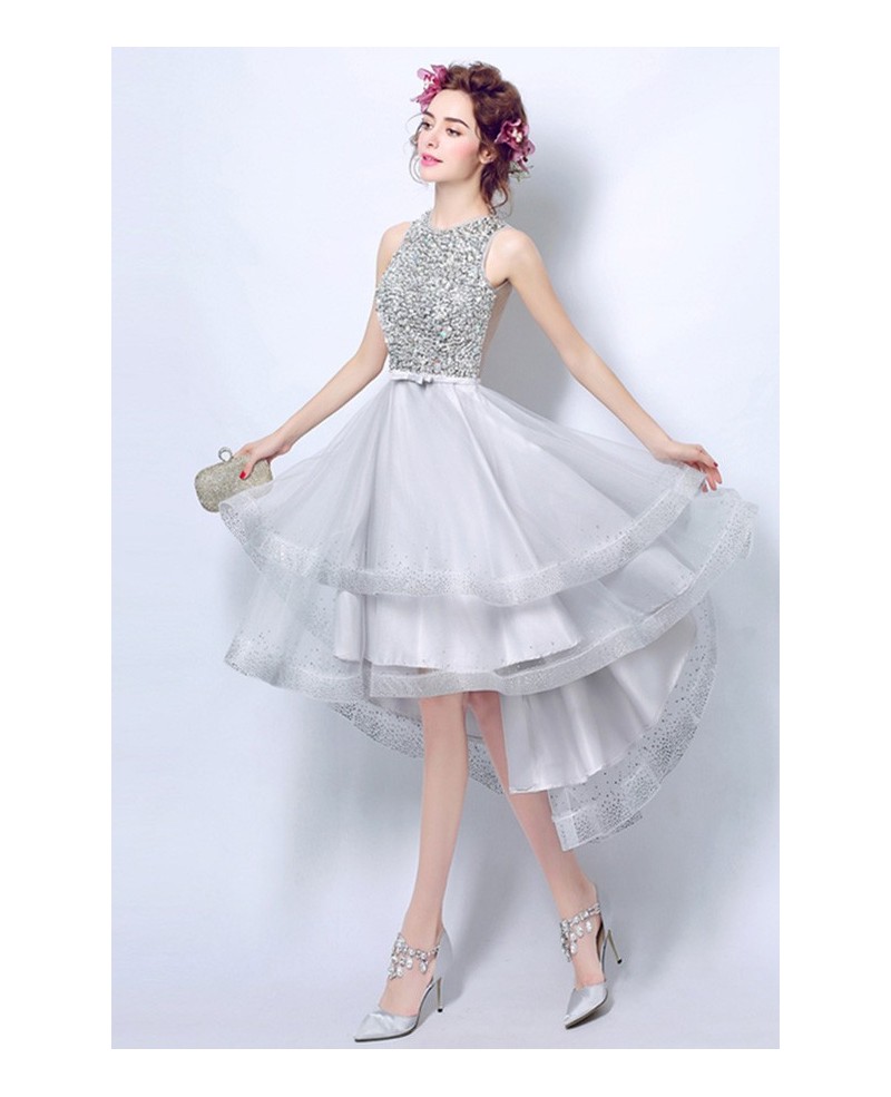 Elegant A-line High Neck High Low Tulle Formal Dress With Sequins - Click Image to Close
