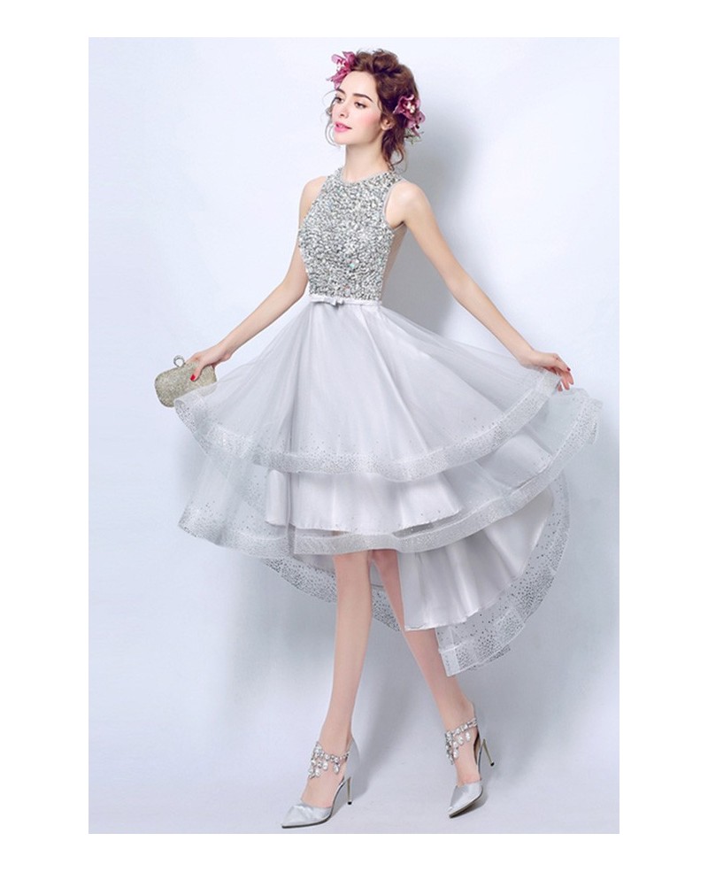 Elegant A-line High Neck High Low Tulle Formal Dress With Sequins